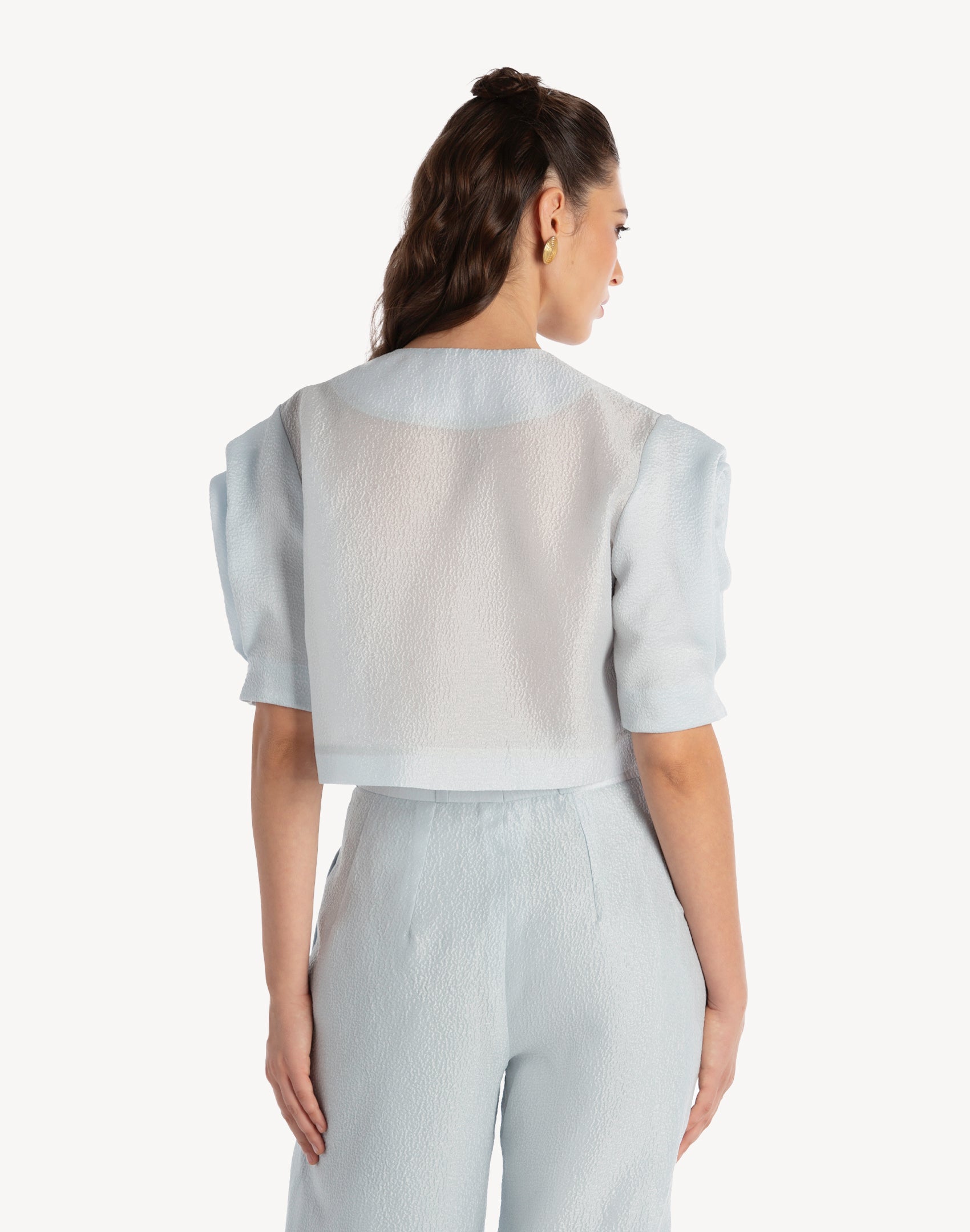 Silk Brocade Floral Draped Sleeve Blouse