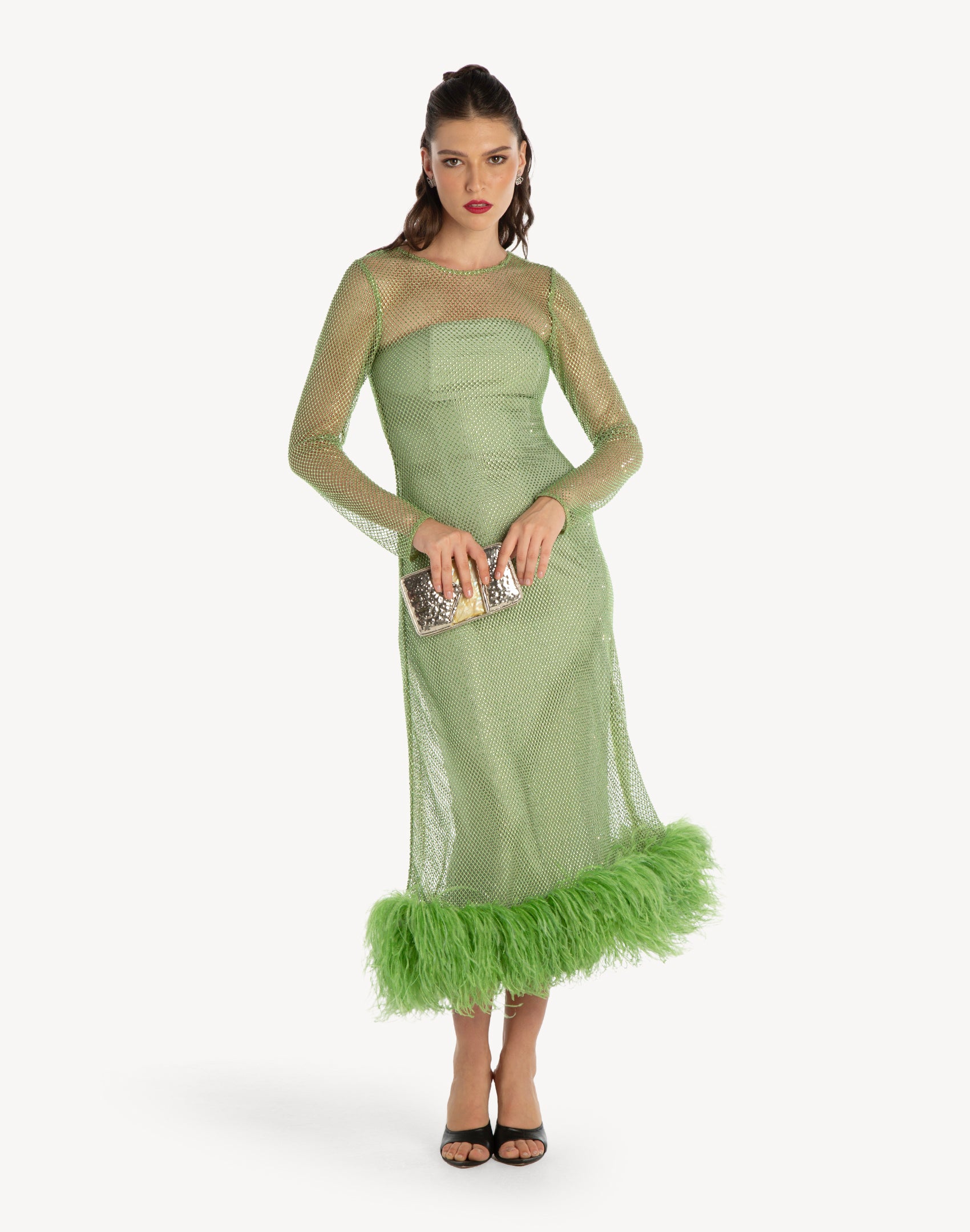 Feather-trimmed Crystal Embellished A-line Dress