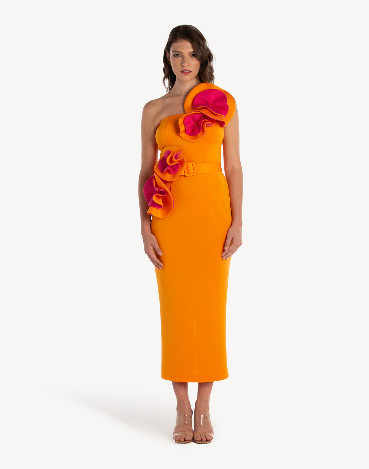 Floral Appliqué Pencil Belted Midi Dress