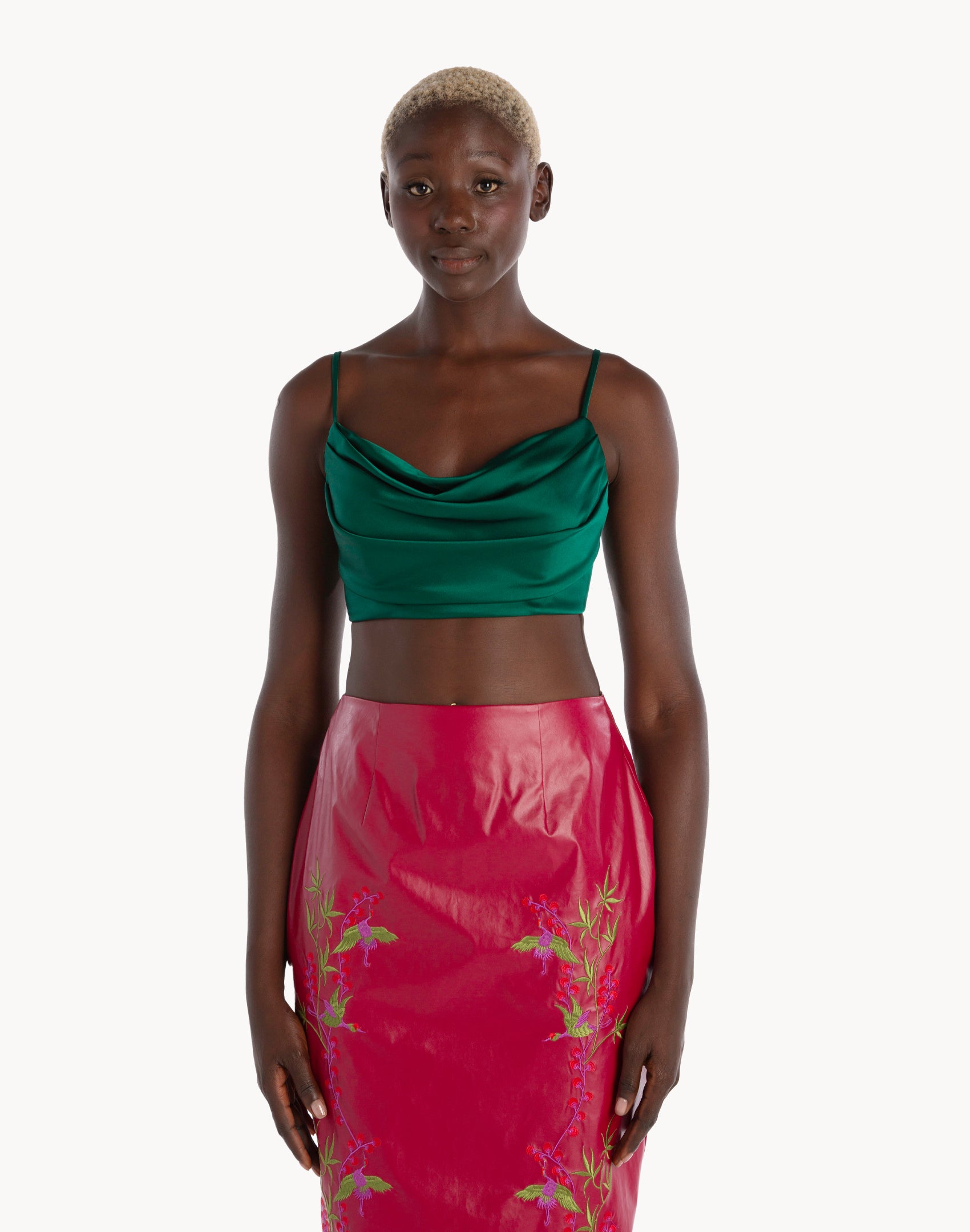 Pencil Leather Embroidered Skirt - Red