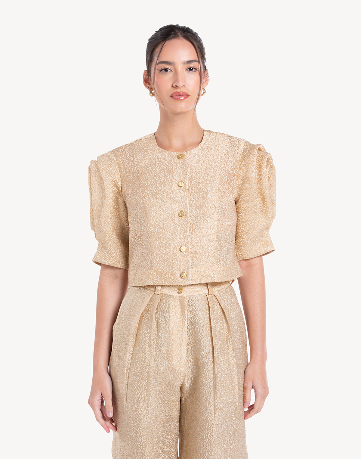 Silk Brocade Floral Draped Sleeve Blouse