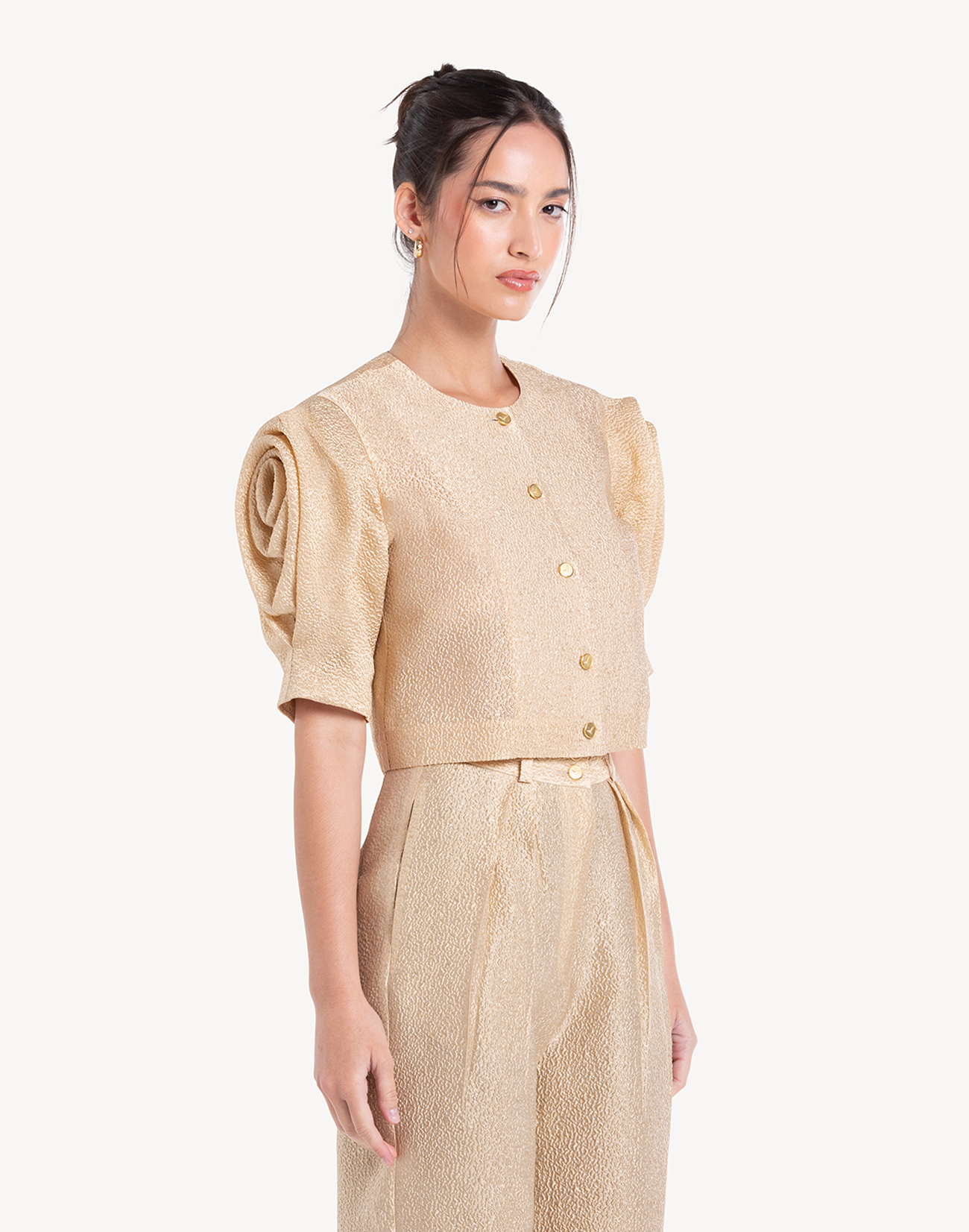 Silk Brocade Floral Draped Sleeve Blouse