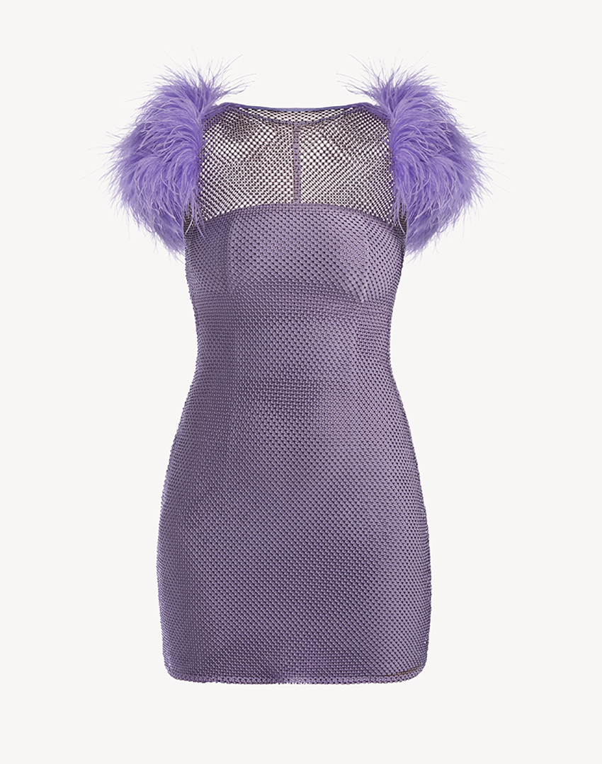 Crystal Sleeveless Feather-Trimmed Mini Dress
