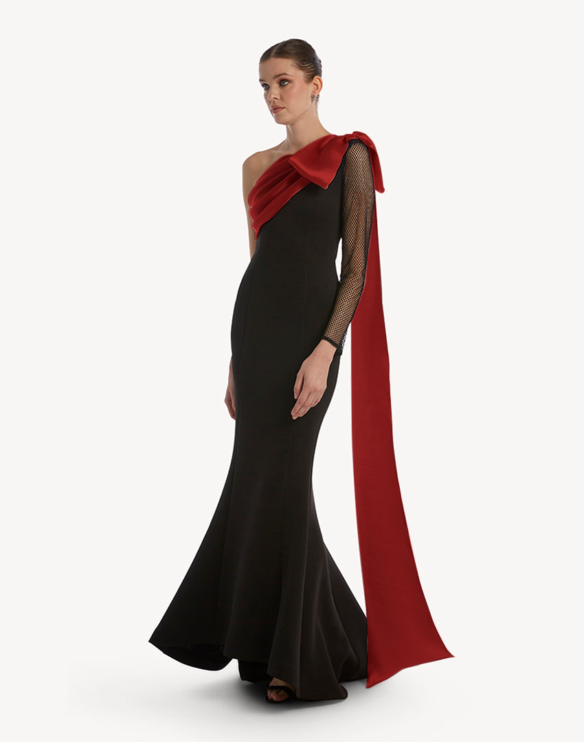 "Essence" One Shoulder Crystal Sleeve Gown