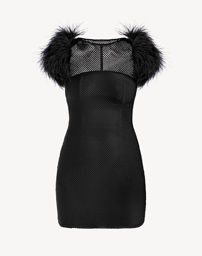 Crystal Sleeveless Feather-Trimmed Mini Dress