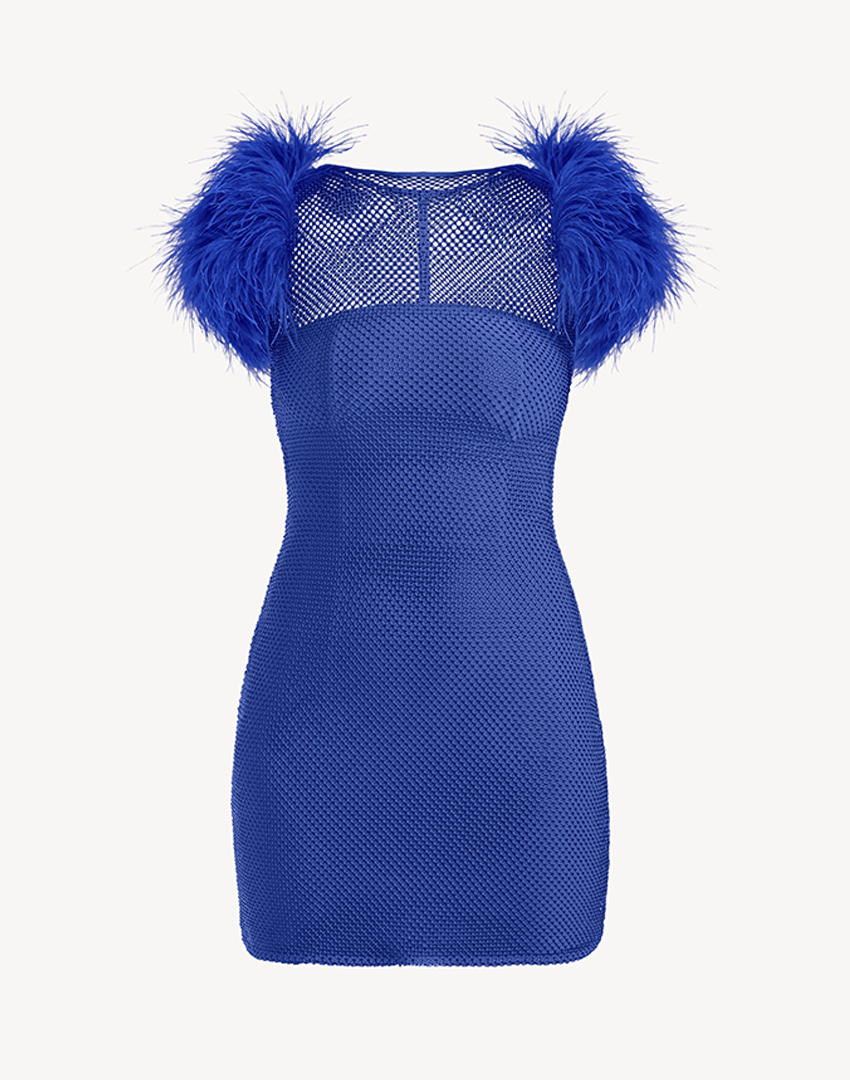 Crystal Sleeveless Feather-Trimmed Mini Dress