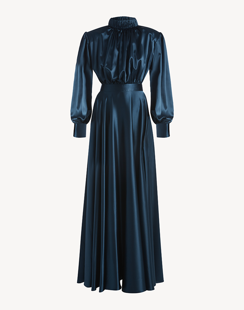 Satin High Pleated Neck Maxi Dress-Burnt Blue