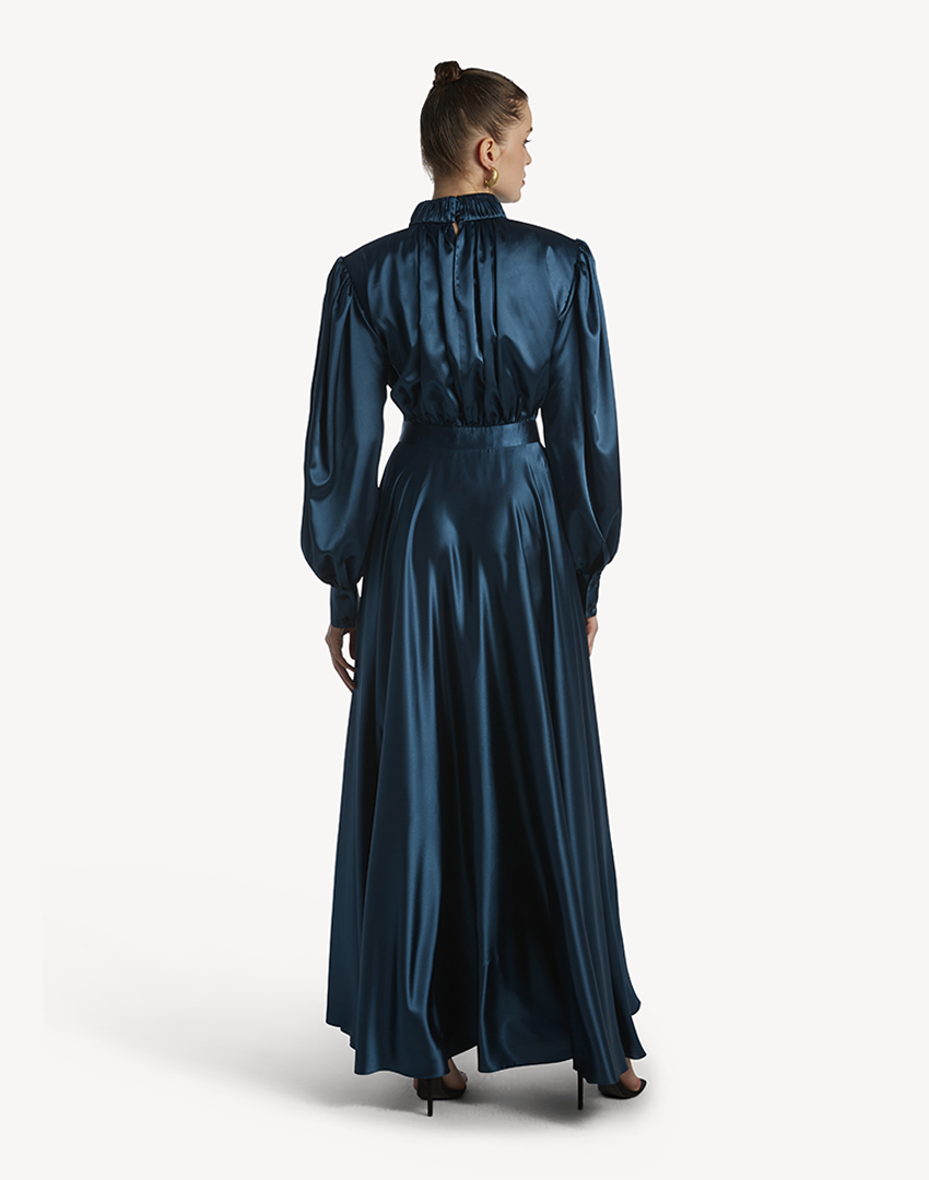 Satin High Pleated Neck Maxi Dress-Burnt Blue