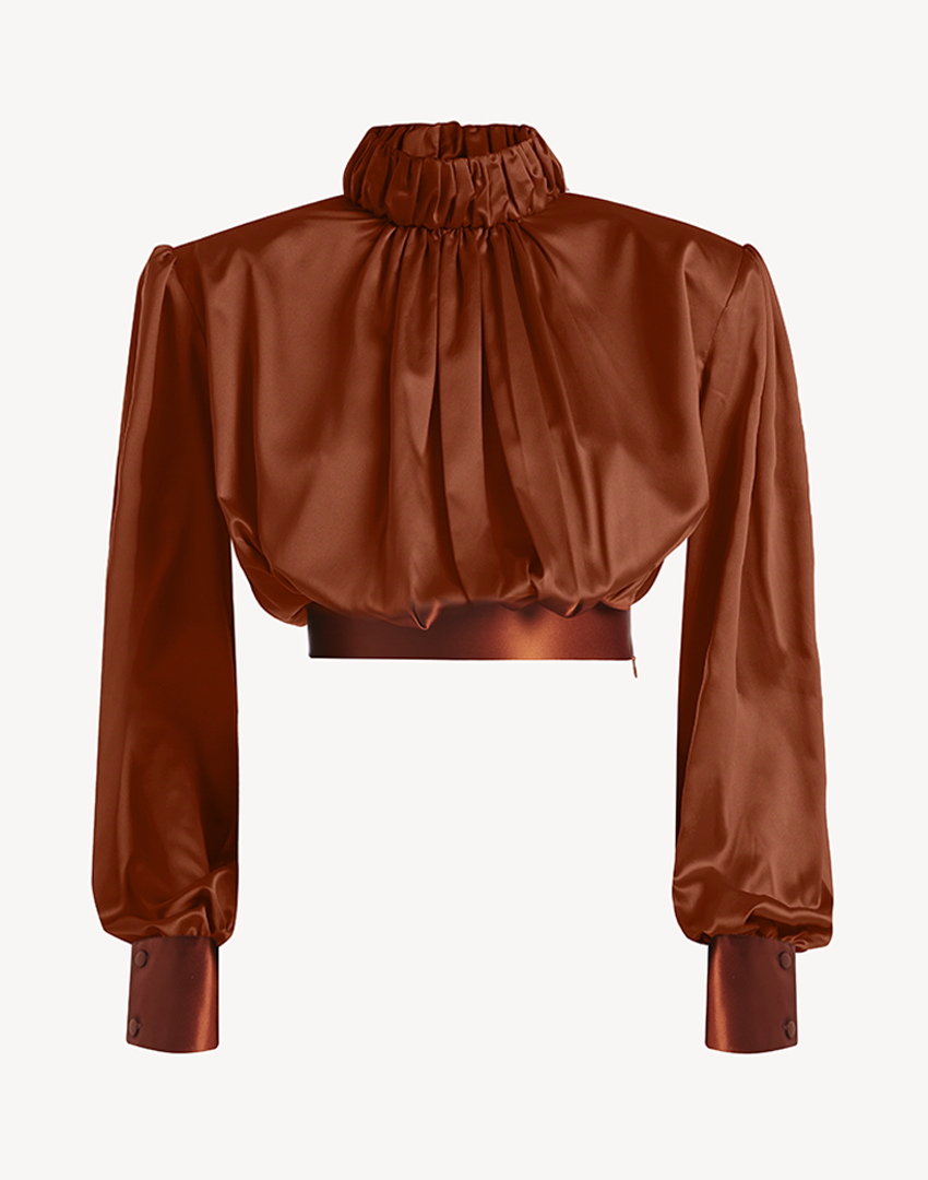 Satin High Pleated Neck Blouse- Burnt Orange