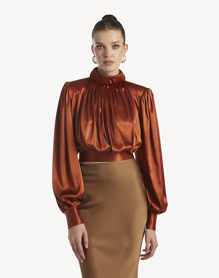 Satin High Pleated Neck Blouse- Burnt Orange