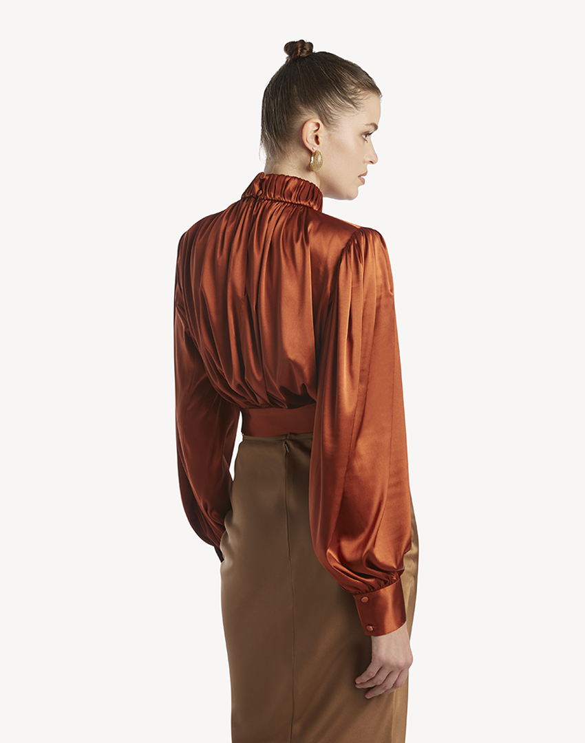 Satin High Pleated Neck Blouse- Burnt Orange