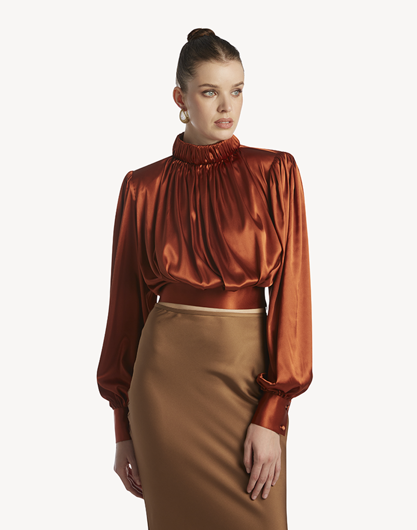 Satin High Pleated Neck Blouse- Burnt Orange