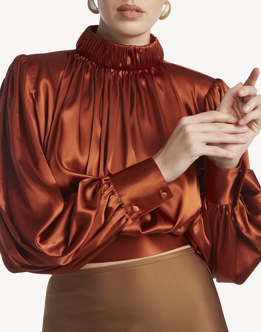 Satin High Pleated Neck Blouse- Burnt Orange