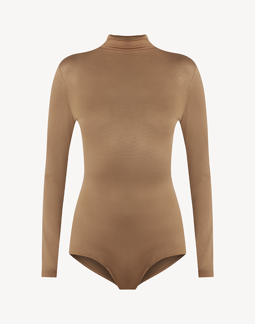 High Neck Long Sleeve Bodysuit - Beige