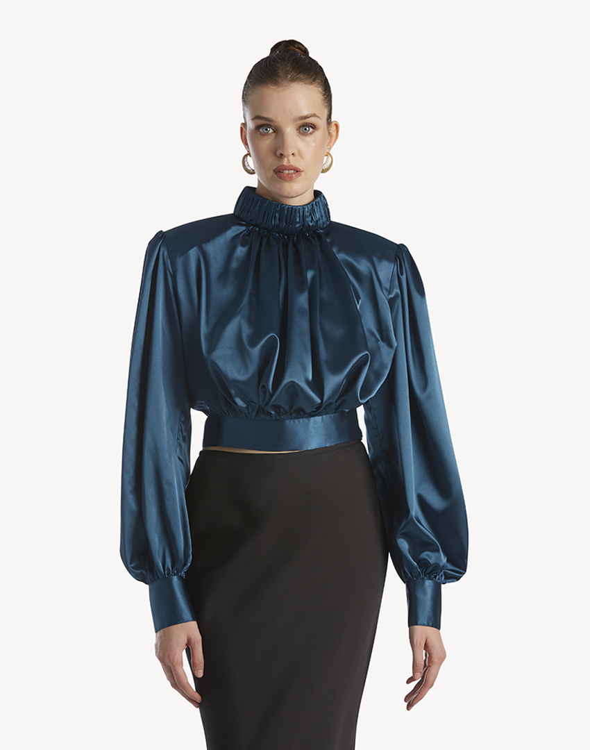 Satin High Pleated Neck Blouse