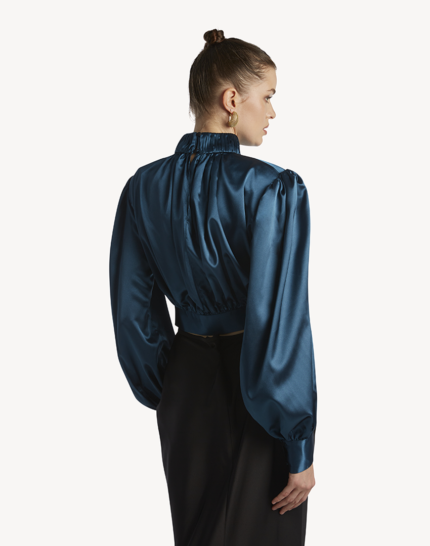 Satin High Pleated Neck Blouse