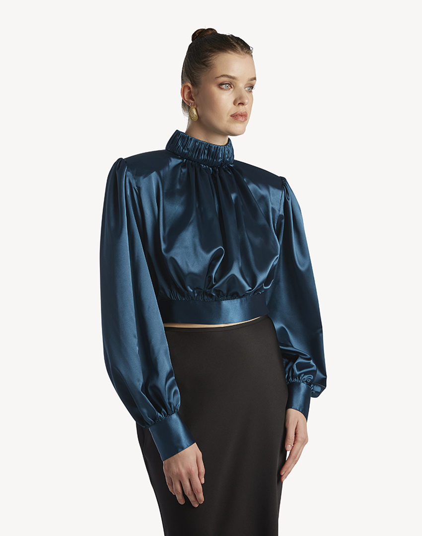 Satin High Pleated Neck Blouse