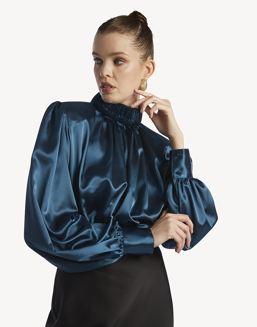 Satin High Pleated Neck Blouse