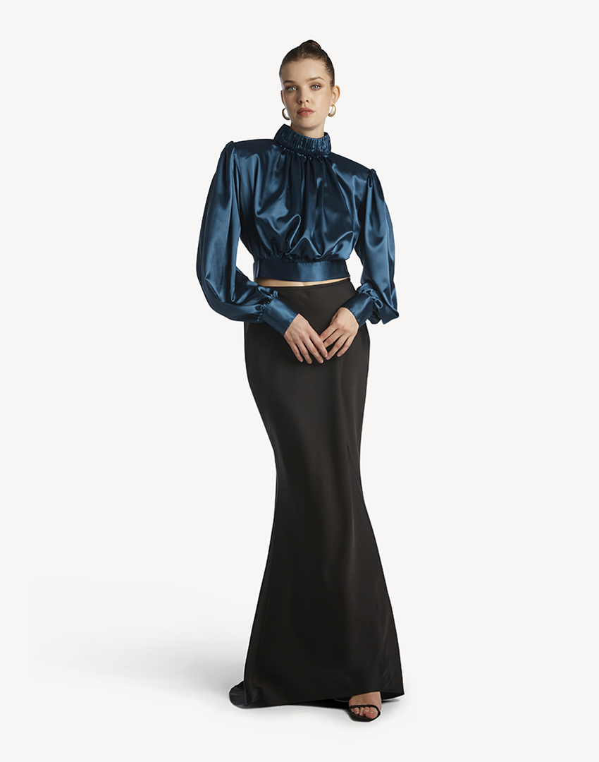 Satin High Pleated Neck Blouse