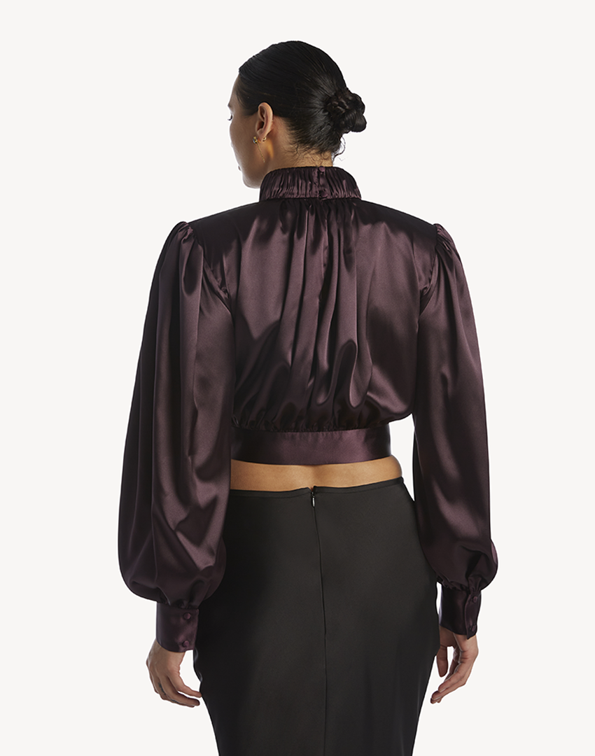 Satin High Pleated Neck Blouse