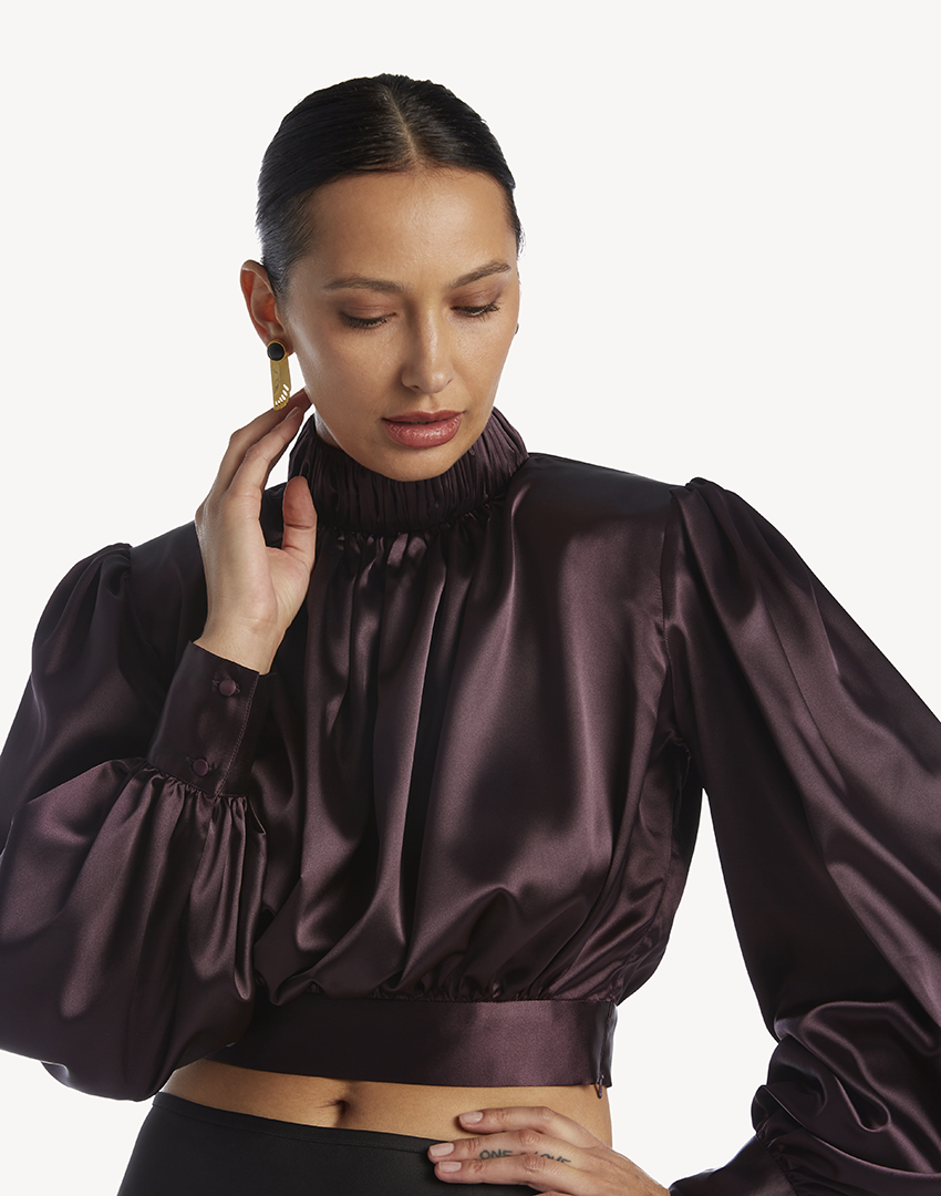 Satin High Pleated Neck Blouse