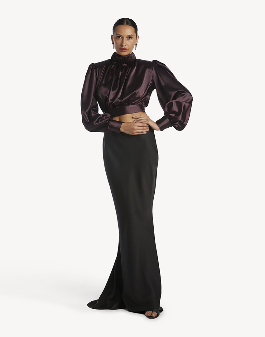 Satin High Pleated Neck Blouse