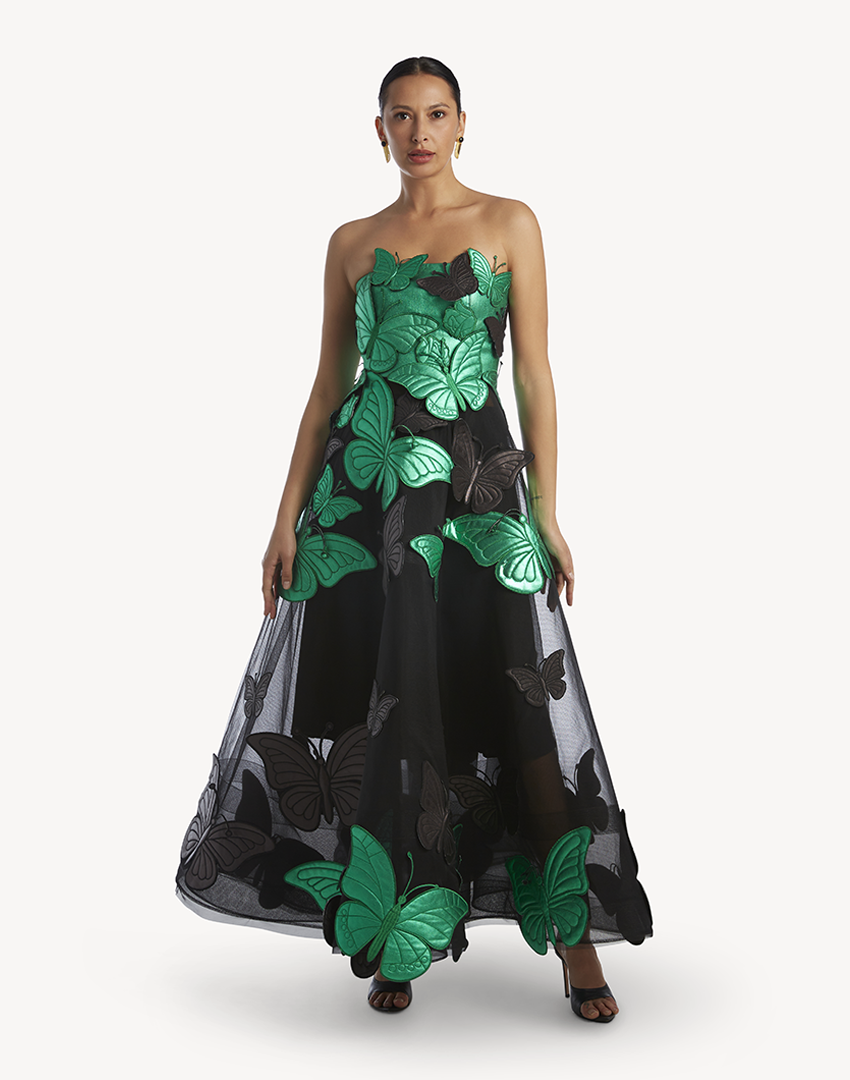 Butterfly Applique Strapless Gown