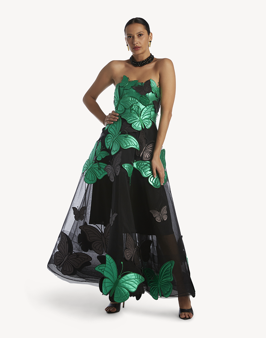 Butterfly Applique Strapless Gown