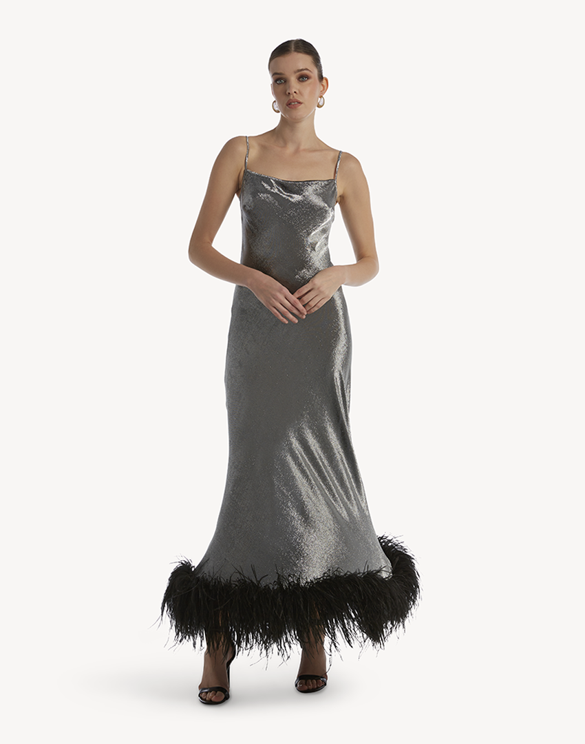 The Glow Metallic Feather-Trimmed Dress