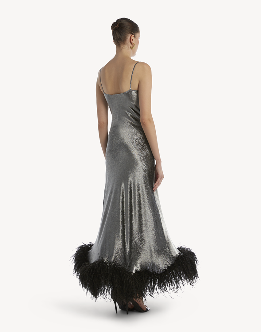 The Glow Metallic Feather-Trimmed Dress