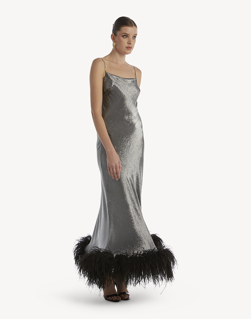 The Glow Metallic Feather-Trimmed Dress