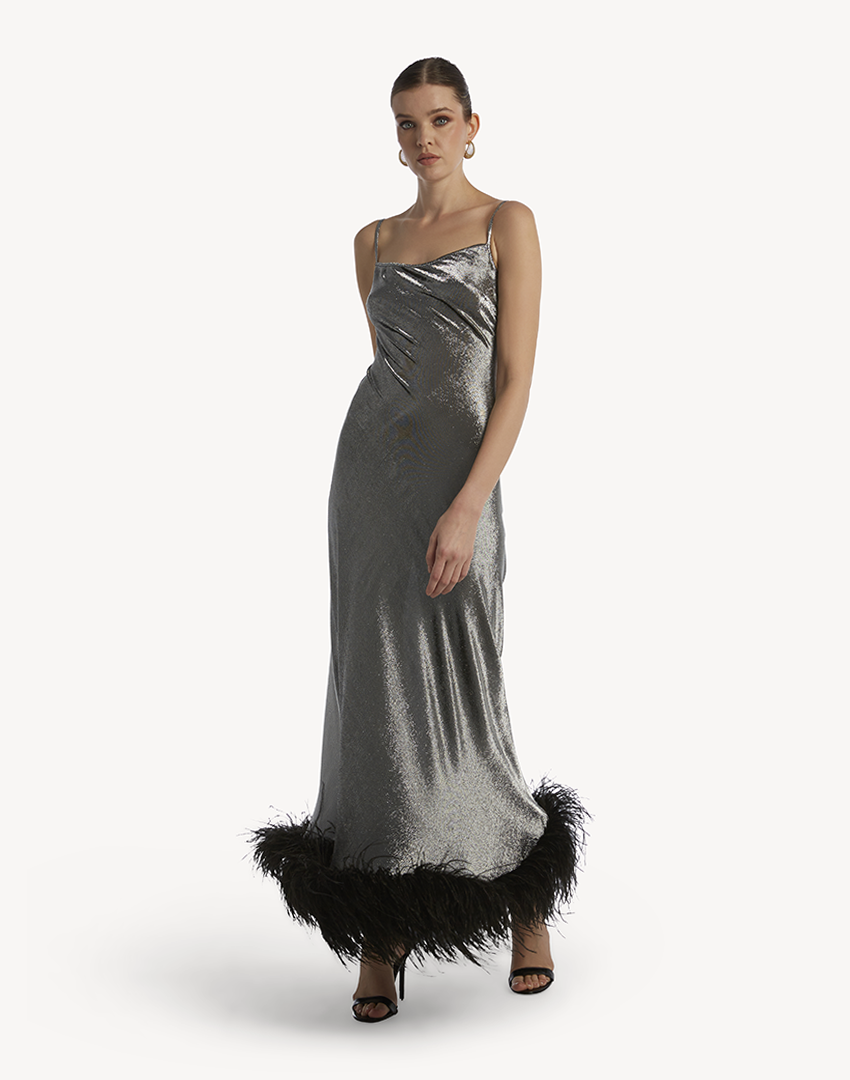 The Glow Metallic Feather-Trimmed Dress