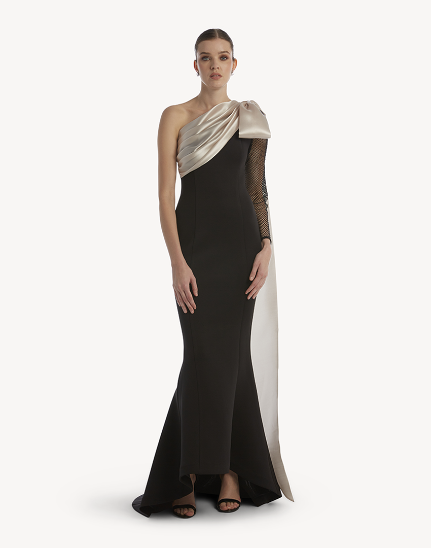 "Essence" One Shoulder Crystal Sleeve Gown