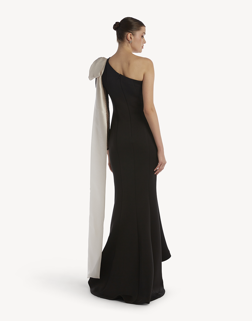 "Essence" One Shoulder Crystal Sleeve Gown