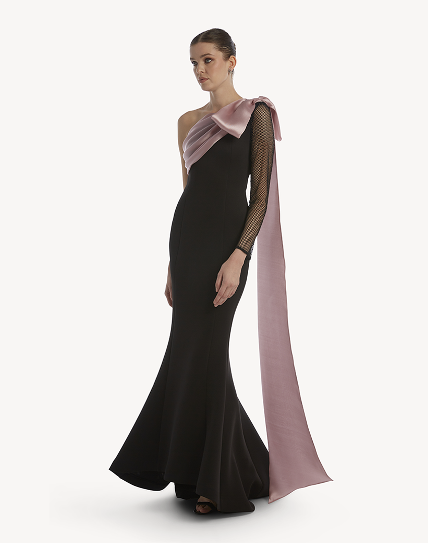 "Essence"One Shoulder Crystal sleeve Gown