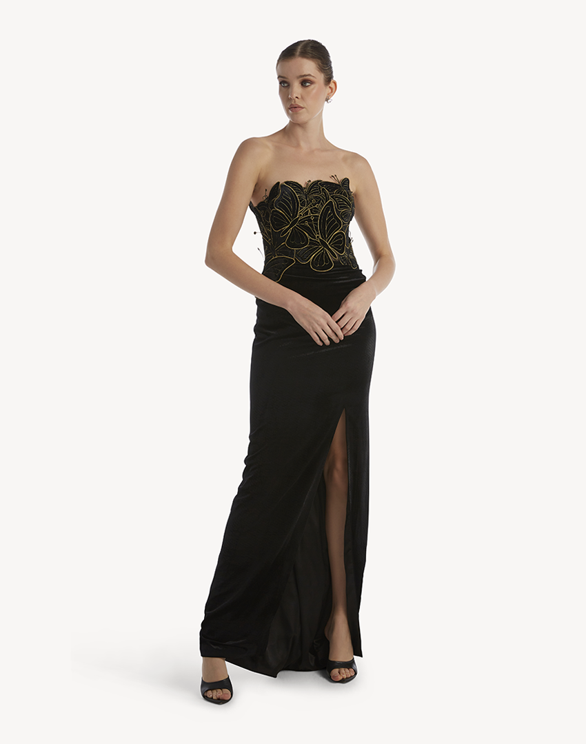 Velvet Butterfly Appliqué Corset Gown