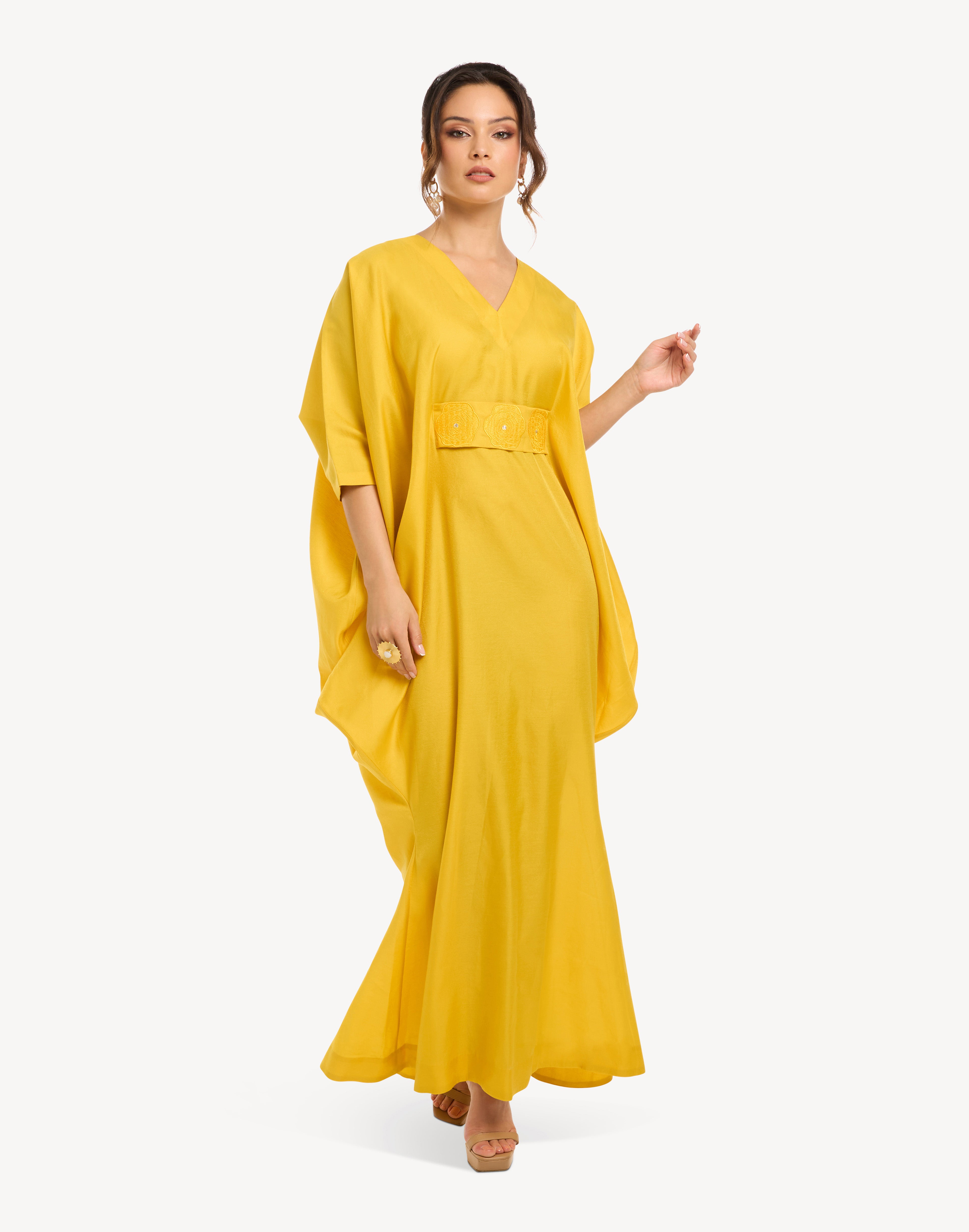 Salma Leaf Embroidered Belted Kaftan