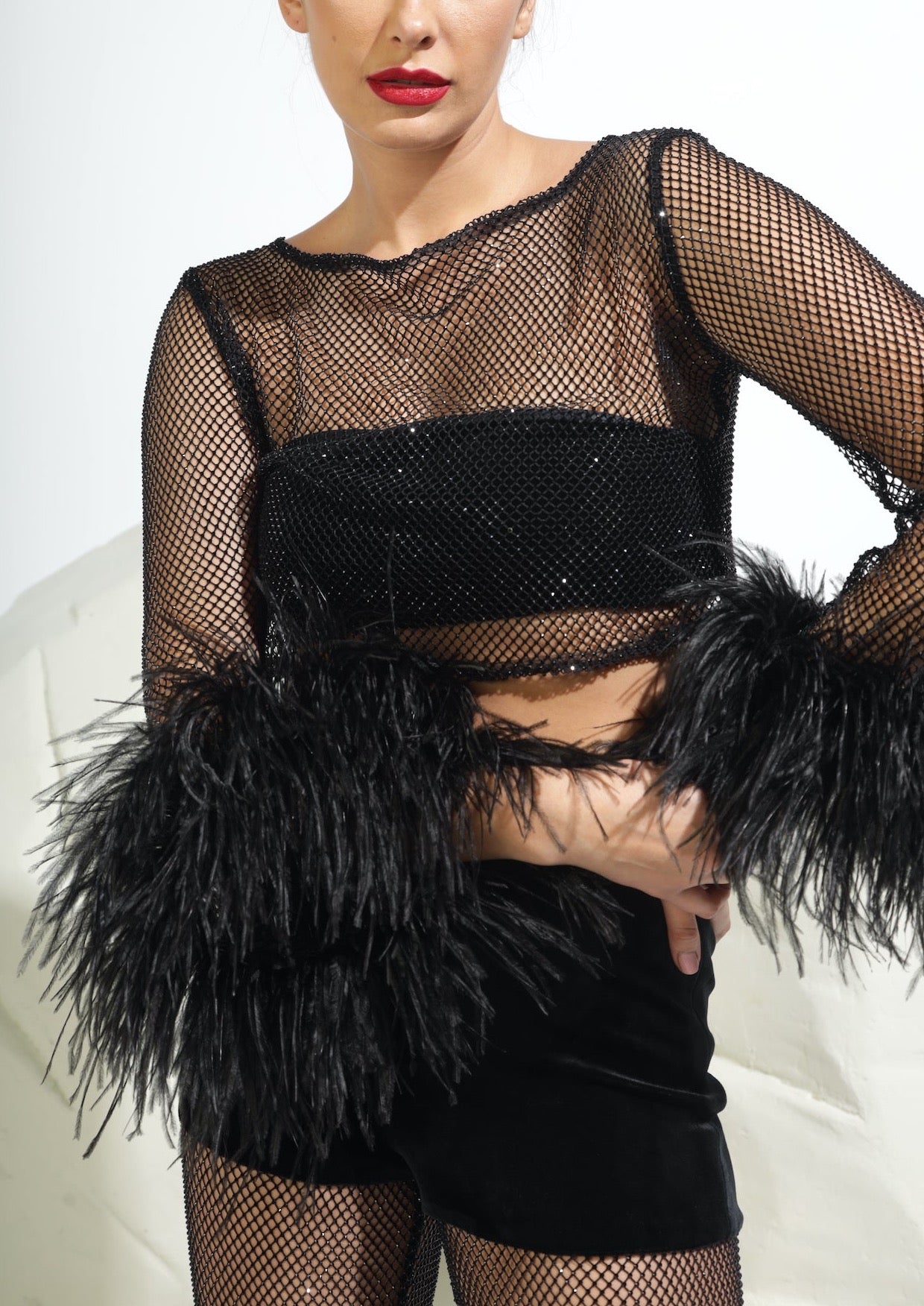 Feather-trim Long Sleeve Crystal Embellished Top - Black