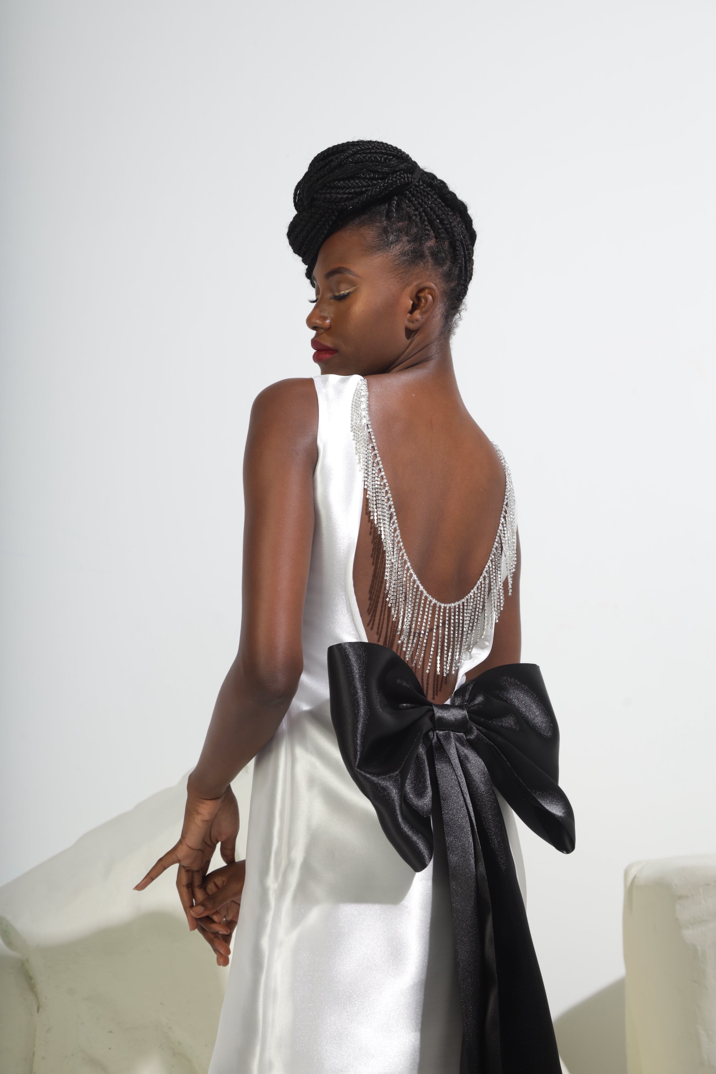 Oversized Bow Backless Crystal Dress